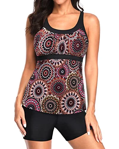 Removable Padding Tankini Tops Boyshorts For Women's Swimwear-Brown Print Dynamic Women's High - energy