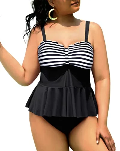 High Waisted Swim Bottom Tummy Control Swimsuits For Curvy Girls-Black And White Stripe European