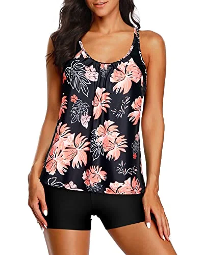 Double Up Tankini Top Boy Shorts Tankini Swimsuits For Women-Black And Orange Floral Sleek Women's Metallic