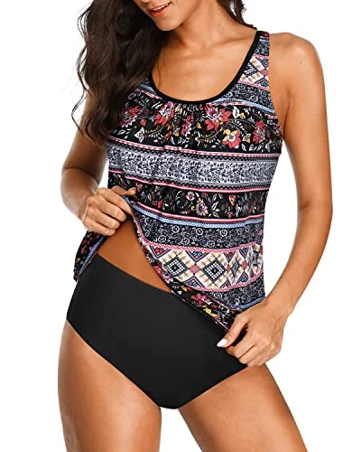 2 Piece Stylish Tankini Swimsuits For Women No Show Cleavage-Black Tribal Australian Beach