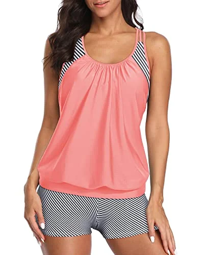 Women's Racerback Tankini Swim Tops Boy Shorts-Coral Pink Stripe Scandinavian