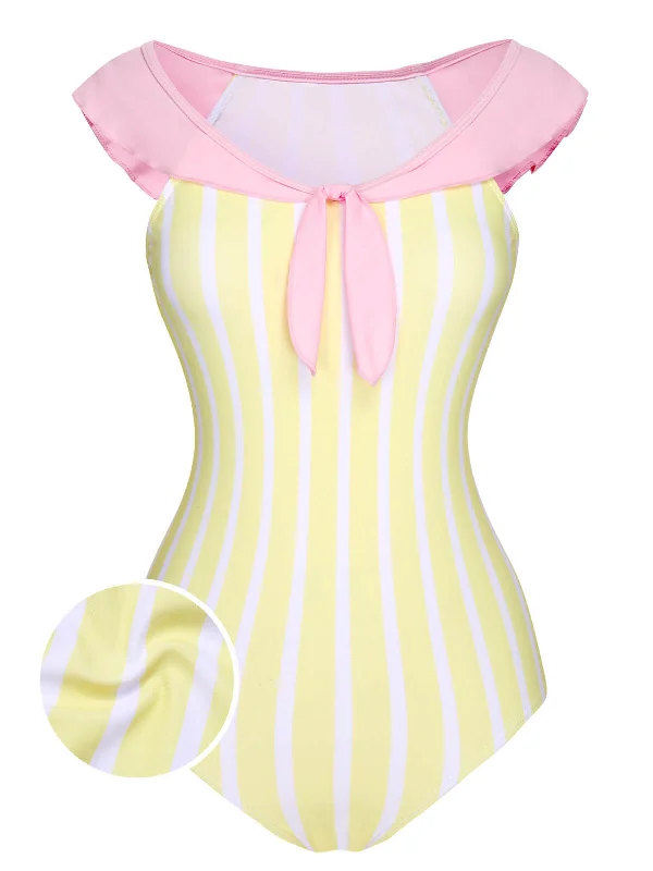 Yellow & Pink 1940s Stripe One-Piece Swimsuit Cool Women's Skate