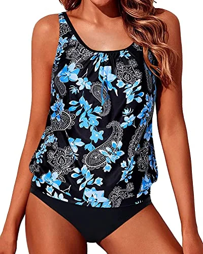 Tummy Control Mid Waist Bottom Blouson Swimsuits For Women-Black Floral Trendy Women's 