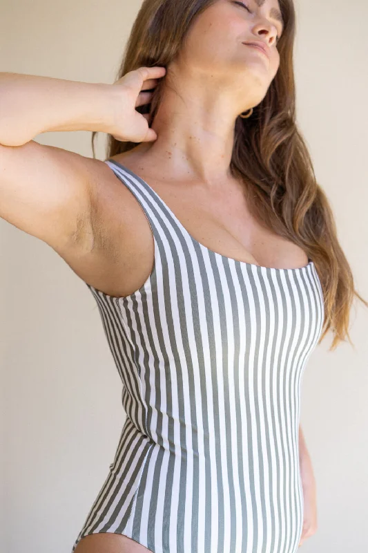 The Supportive Square Neck One Piece - Matcha Stripe Streetwear Style for 