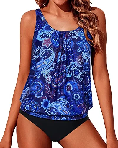 Loose Fit Swimwear 2 Piece Blouson Tankini-Blue Tribal Street