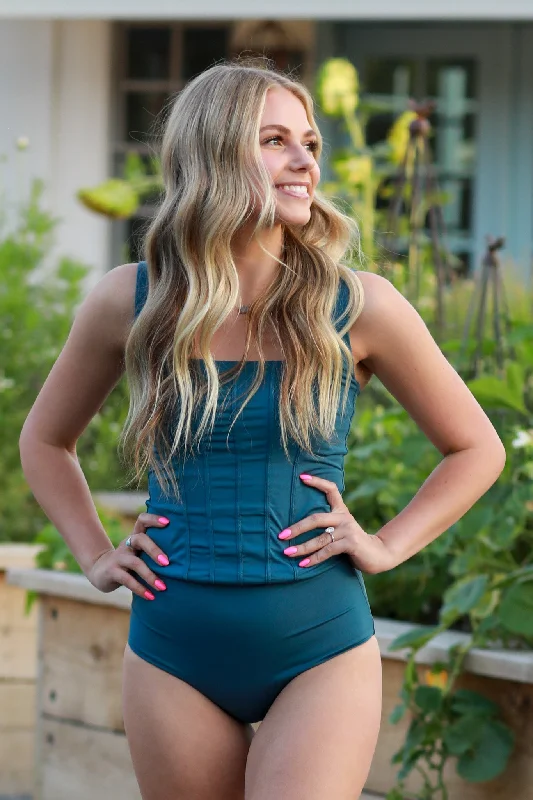 Charlotte - Slate Blue Corset Tankini - $92 Sustainable Organic