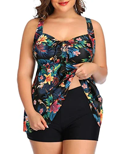 Tie Knot Swim Tops Tankini Swimsuits Shorts-Black Flowers Gym