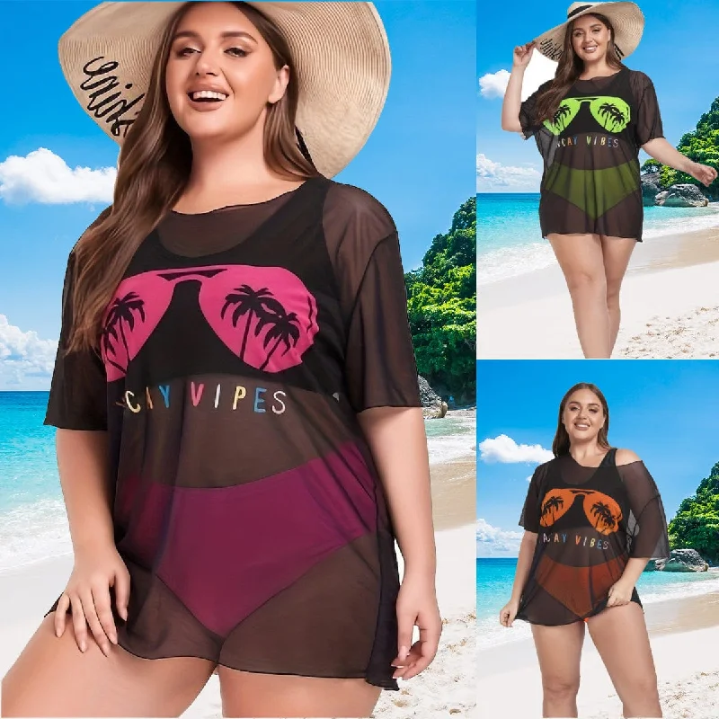 Plus Size Women's Bikini Set With Loose Mesh Cover Up Coconut Trees 3-Pieces Bikini Mesh Swimsuits Stylish Women's Tropical 