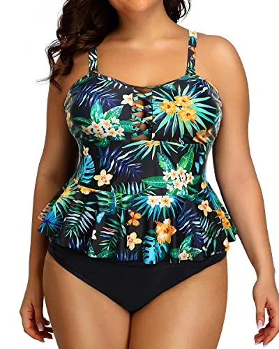 Peplum Tankini Tops And High Waisted Swimwear For Women Plus Size Swimsuits-Black Leaf Cool Women's Distressed