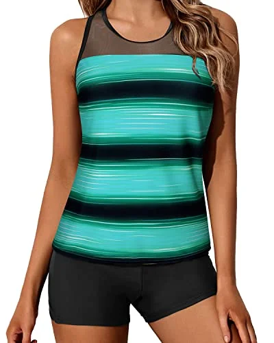 Athletic Racerback Tankini Swimsuit Boyleg Bottoms For Women-Green Black Stripes Casual Women's Loose - fitting
