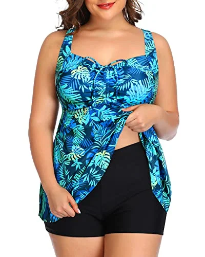 Adjustable Shoulder Straps Bathing Suits Tankini Swimsuits Shorts-Blue Leaves Streetwear Style for 