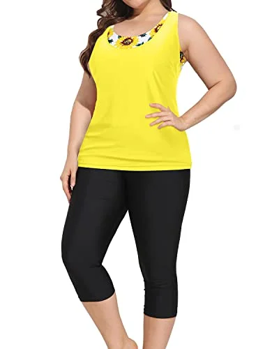 Athletic Plus Size Swimsuits For Women Tankini Tops Sports Bra And Swim Capris-White And Sunflower Vintage Women's 1970S 