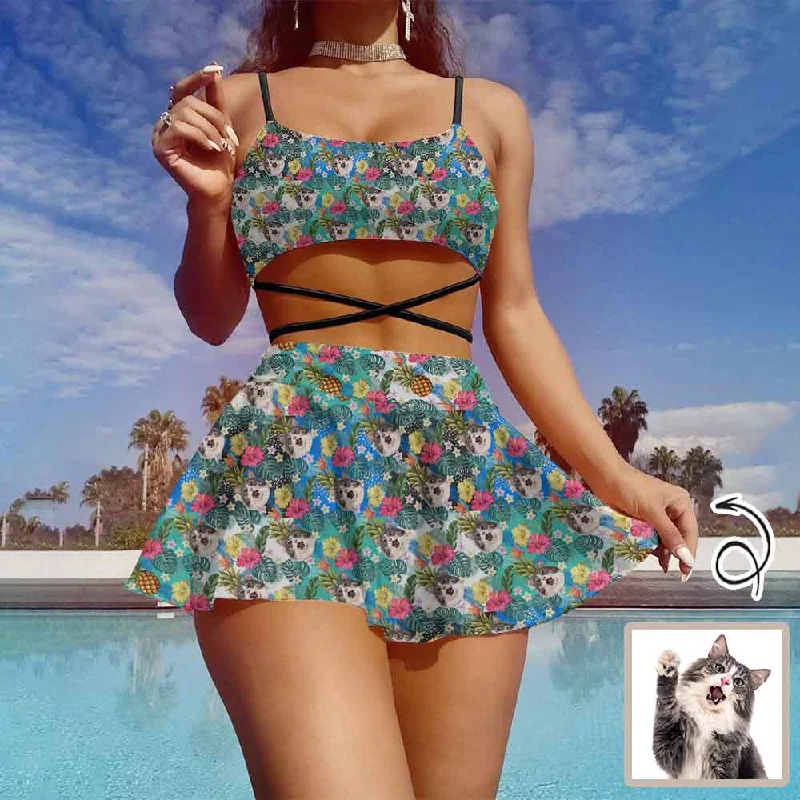 Custom Face Flowers&Leaves Pineapple Bikini Set Women's String Three-Piece Bikini Skirt French Custom Face Flowers&Leaves Pineapple Bikini Set Women's String Three-Piece Bikini Skirt French