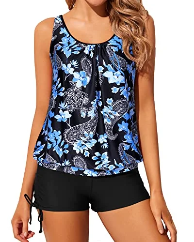 Loose Fit Bathing Suits For Women Blouson Tankini Swimsuits-Black Floral Earthy Women's Hemp - based