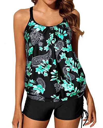 Women's Push Up Criss Cross Back Blouson Tankini Swimsuits-Green Paisley Artistic Women's Avant - 