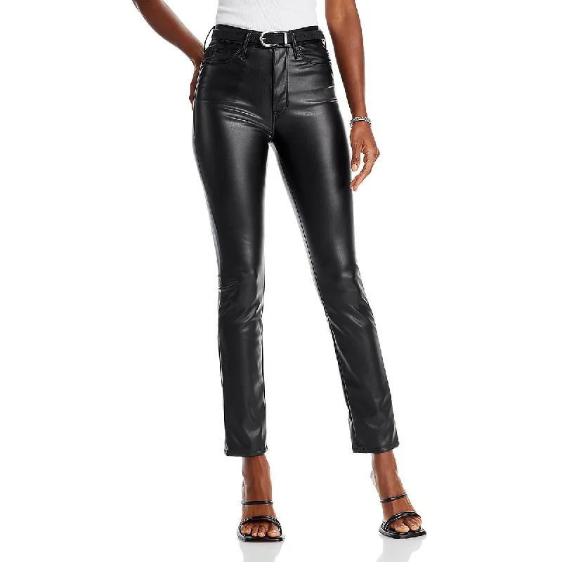 Womens Faux Leather High Rise Straight Leg Pants Monochromatic Office Style