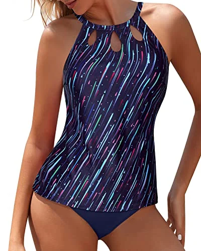 Keyhole Tank Top & High Waist Bottom Two Piece Tankini Swim Suit-Navy Blue Sharp Women's Italian
