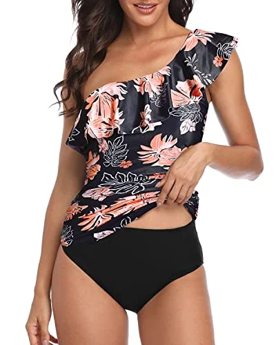 Best Tummy Control Swimwear One Shoulder Tankini-Black Orange Floral Sporty Women's Tennis