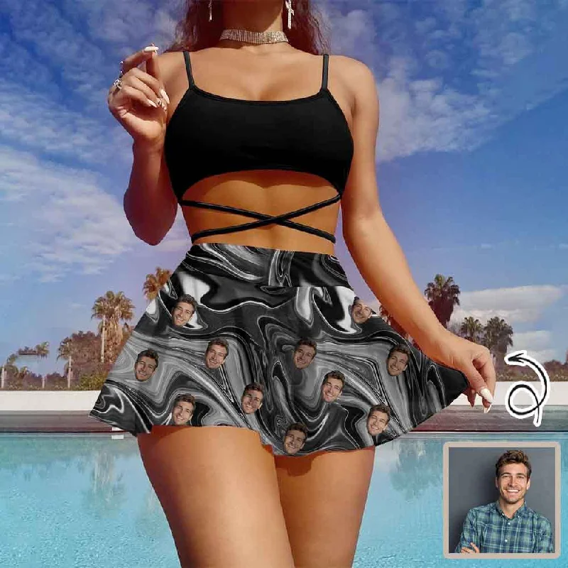 Custom Face Black Top Bikini Set Women's String Three-Piece Bikini Skirt Cool Women's Distressed