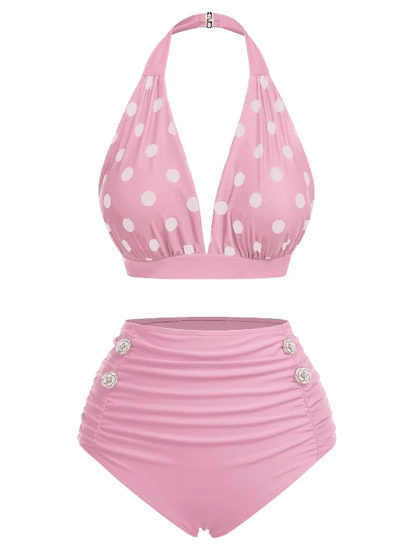 Pink 1950s Polka Dot Halter Separate Swimsuit Relaxed Women's 