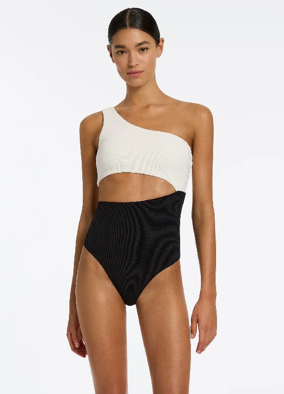 Versa Rib One Shoulder One Piece - Black/Cream Modern Women's 
