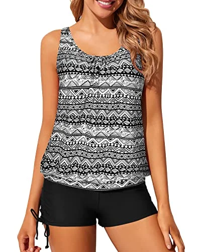 Teens And Juniors Modest Blouson Tankini Swimsuits-Black Tribal Youthful Women's Anime - inspired