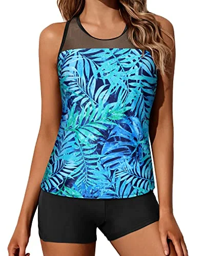 Flattering Racerback Tank Top Boy Shorts For Junior Girls' Swimsuits-Dark Blue Green Leaves Women