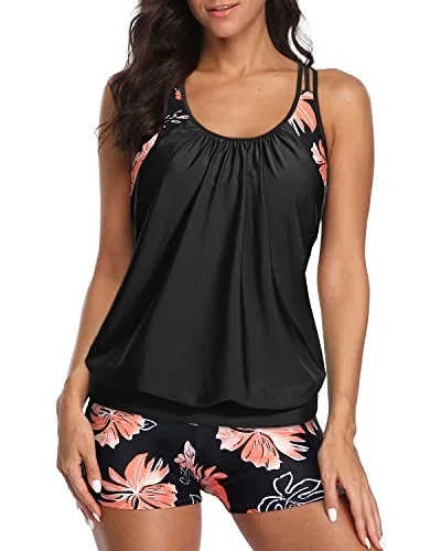Sporty Tummy Control Boyshorts Tankini Swim Top Athletic Two Piece Swimsuits-Black Floral Dapper Women's 1920S