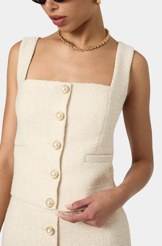 Structured Tweed Button Front Top Classic Women's Pin - striped
