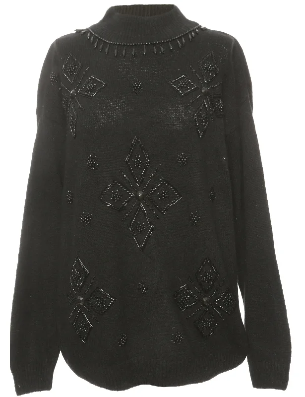 Embellished Black Jumper - M Polished Women's Silk