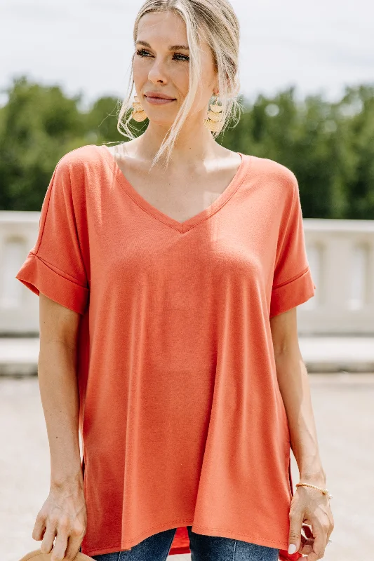 Make Your Life Easy Ash Copper Orange V-neck Top Casual Women's Japanese 