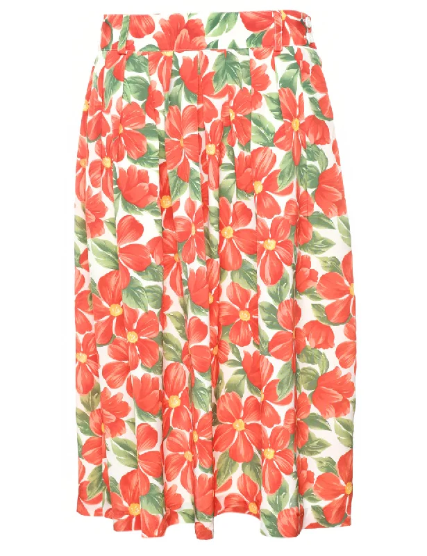 Floral Print Pleated Skirt - M Traditional Women's Wool