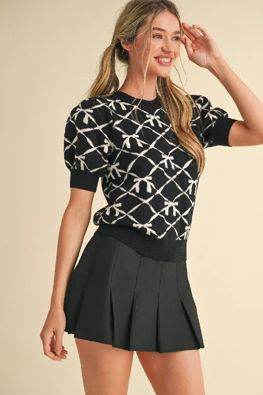 So Sweet Puff Sleeve Bow Print Short Sleeve Sweater Refined Women's 