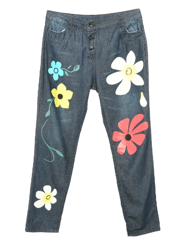 Indigo Floral Paint Tapered Jeans - W34 L31 Sophisticated Women's Tailored