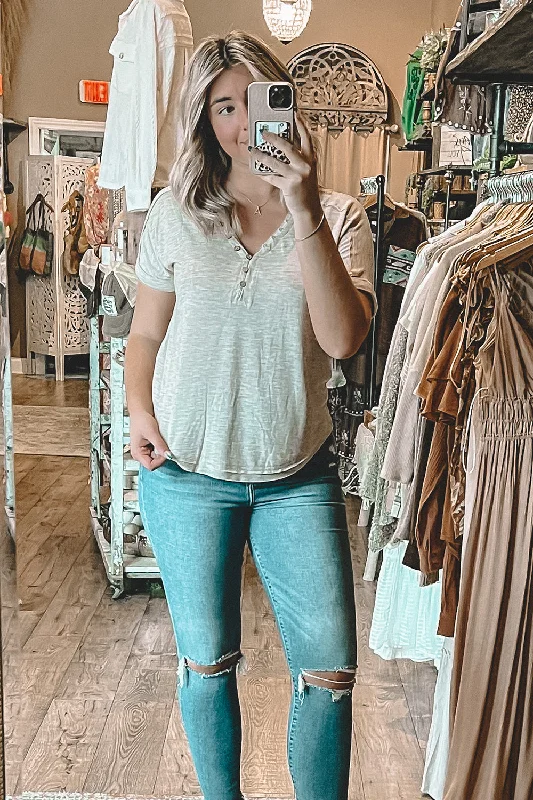 Oatmeal Short Sleeve Henley Cozy Women's Sherpa - lined