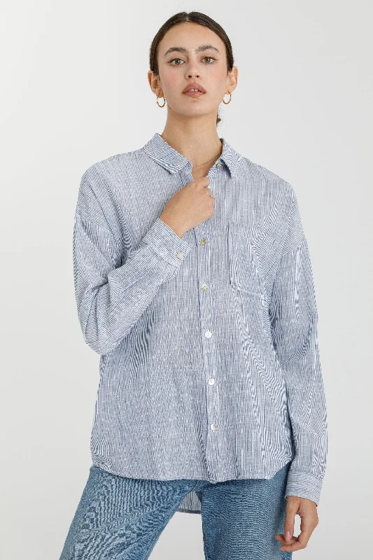 Shoreline Thin Stripe Button Down Top in Navy Relaxed Women's Beachy