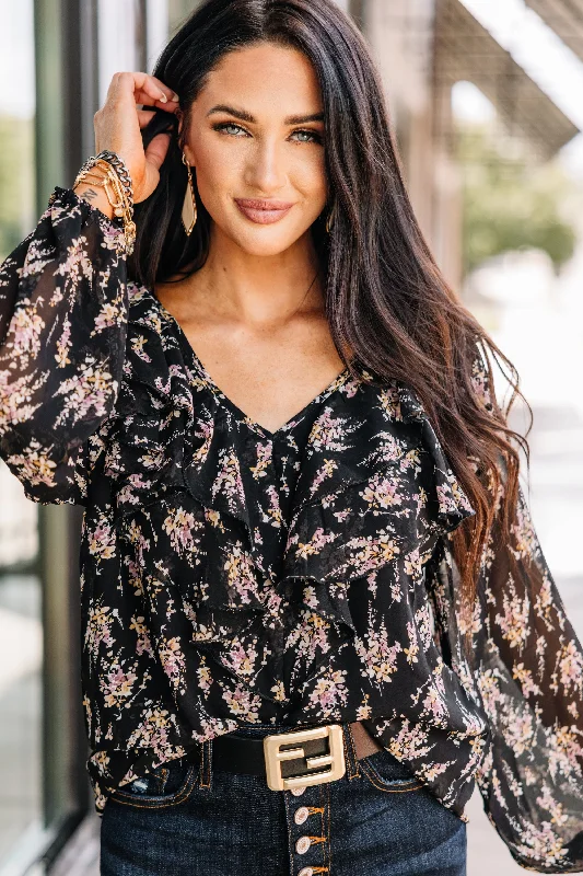 As Far As You Know Black Floral Blouse Unique Women's Upcycled