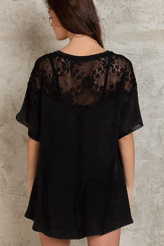 Black Lace Accent Blouse Sophisticated Women's Tailored
