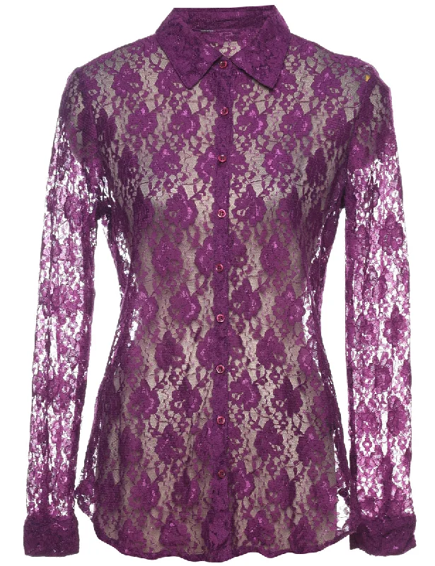 Purple Sheer Floral Lace 1990s Evening Blouse - M Hip Women's Urban