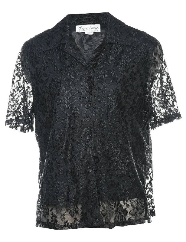 Black 1990s Lace Short Sleeve Blouse - L Confident Women's Power