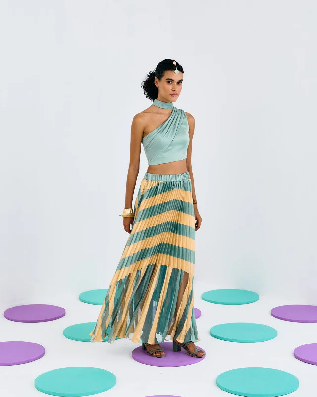 Green One Shoulder Pleated Drape Top Street
