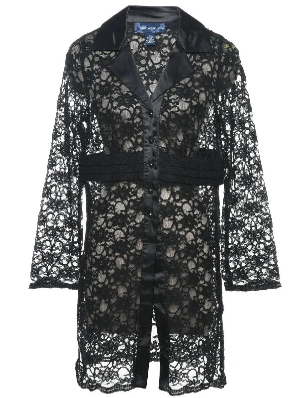 Floral Lace Black 1990s Evening Blouse - M Monochromatic All - in - one