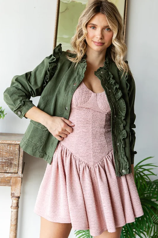 Olive You Ruffle Canvas Jacket Monochromatic Office Style
