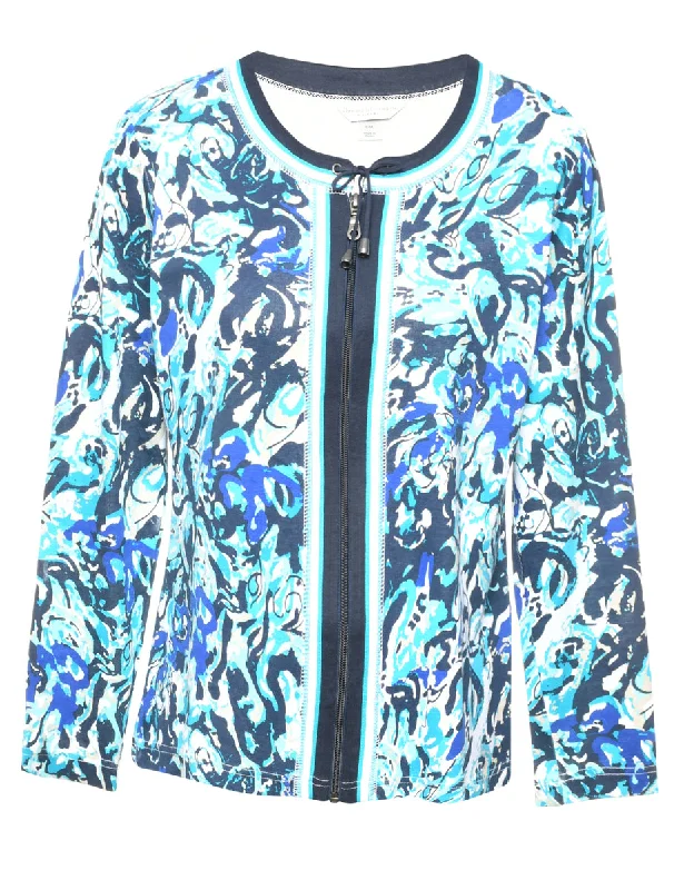 Zip-Front Blue Patterned Jacket - M Casual Women's Loose - fitting