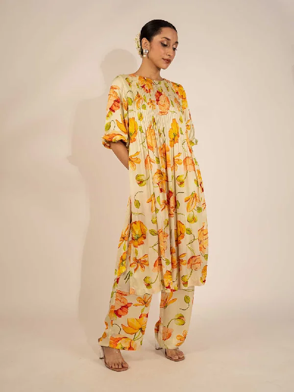 Orange Peony Kurta Casual Women's Loose - fitting
