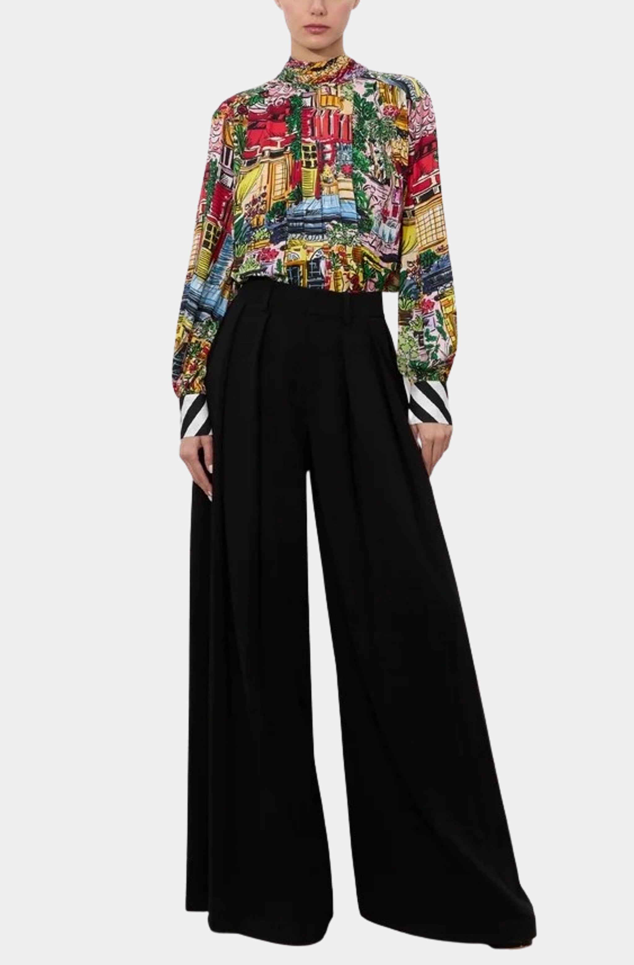 Gertrude Tie Neck Blouson Sleeve Pleated Blouse Polished Women's Silk