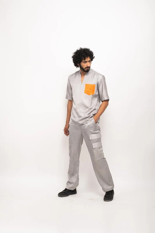 Grey-Orange Pocket Shirt Artistic Women's Hand - painted