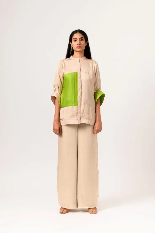 Ecru-Green Color Blocked Blouse Cozy Women's Sherpa - lined