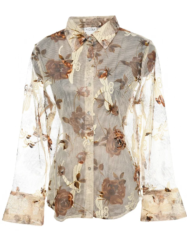 Floral Beige & Brown Sheer Shirt - L Luxurious Women's High -  end