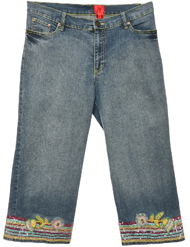 Embellished Capri Style Straight Fit Jeans - W34 L23 Sleek Women's Metallic